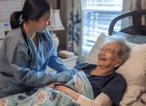 Hospace Nurse helping take care of an elderly grandmother