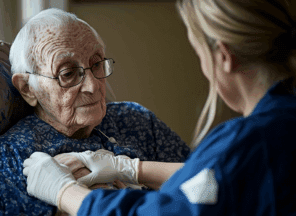 A nurse taking care of a senior citizen who has a wound that needs to be tended to at home