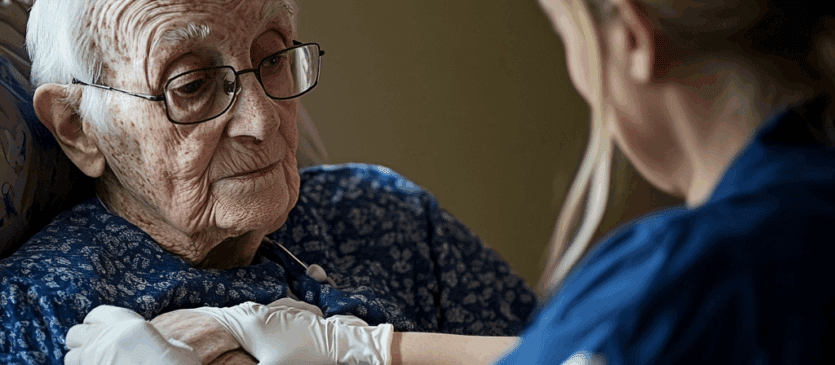 A nurse taking care of a senior citizen who has a wound that needs to be tended to at home